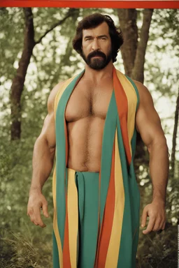 1970's massive male muscular strong man , Turkish, hairy chest, age 42, muscle daddy, goatee, short hair, oiled, armpits, in a wood, viril chest, bathrobe