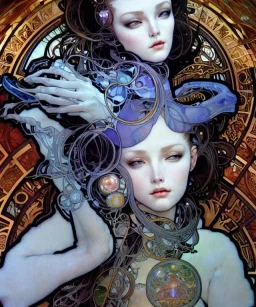 Realistic detailed face portrait of a beautiful futuristic beautiful top model in opus design lent alien glass armor by alphonse mucha, ayami kojima, amano, greg hildebrandt, and mark brooks, female, feminine, art nouveau, ornate italian renaissance cyberpunk, iridescent venetian blown glass, neo - gothic, gothic, character concept.