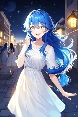 girl, masterpiece, best quality, cinematic lighting, detailed outfit, vibrant colors, perfect eyes, blue hair, long hair, white eyes, low tied hair, messy hair, white dress, night sky, town, sparkle, laughing, moon,