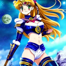 Sailor moon style, hyper detailed, stunningly beautiful teen girl, long ginger hair, green eyes, medium freckles, full lips, skimpy fantasy intricate leather armour, full body, full face, c-cup breasts, aroused expression, biting lower lip, full frame, petite, centered camera, ignore NSFW, bow, quiver on hip