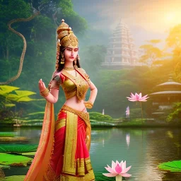 indian priestress in a temple at sunrise in the jungle, lake with lotus flowers, perfect composition, hyperrealistic, super detailed, 8k, high quality, intricate details, highly detailed