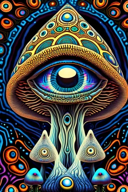 mushroom that have in the middle of its stem half closed eye and the background has of each corner humanoid entity looking at the mushroom with psychedelic eyes in mandala shape background