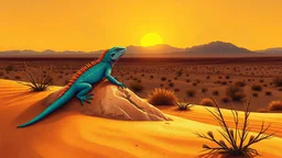 Illustrates a brightly colored lizard with turquoise and gold spikes, resting on a sun-bleached rock, surrounded by golden sands and sparse vegetation. The sun is low on the horizon, casting long shadows and giving the scene a warm, inviting glow. A distant mountain range creates a dramatic backdrop. Mood: Serene yet mysterious, capturing the essence of life in the desert.