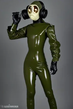 Russian military girls.Tendril-gas-mask-Synthesizer-proboscis. Army green surfaces body, latex. skin is golden hard plastic material. Cyber-punk Metallic headphones and speakers, Old-fashioned cameras integrated to heads. No eyes. Perfect body, thick thighs and calves. simple face. Wide hip, skirt bleats nicely. Asa Akira. Partly symmetrical. Golden ratio. Space-corrosion, rusty and decayed background. Steam-plunge air-bottles. Euclidean 3D-tiling walls. 5th dimension. Oppressive atmosphere