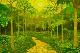A yellowish orange colored rainforest with mangroves designed in Mexican folk art painted by Vincent van Gogh