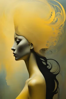 Masterpiece, full head in image, woman, Abstract, left side silhouette, In the style of Aubrey Beardsley, jean cocteau, zdislaw beksinski, Naoto Hattori, accent soft yellowcolor, Masterpiece