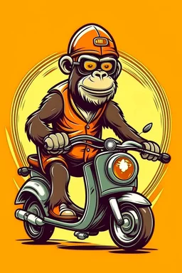 Ape riding on a fast scooter, with sunglasses, making a silly face, cartoonize, logo