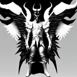 angel, demon, angel demon hybrid, half angel, half demon, black angel wings, white demon wings, black and white, balance, horns, armor, noble clothes, black and white armor, black and white clothes