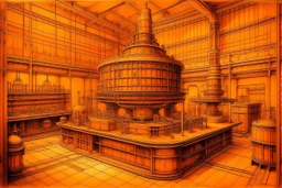 An orange colored mechanical factory with arrows painted by Leonardo da Vinci