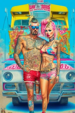 Consumerist Trailer Park God And Goddess Covered In Brand Tattoos With Giant Logos All Over Their Clothes; Pop Art Renaissance Trailer Trash Painting; Insanely Detailed; award-winning portfolio piece, provocative, psychedelic, Magnificent.