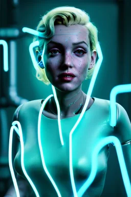 Ultra Realistic image, portrait, blonde woman, Marylin Monroe face, perfect iris, glow eyes, glow makeup. Cyborg, Cyberpunk, ex machina style, wires connected, oversized tight latex dress. fog, rain, soft color, highly detailed, unreal engine 5, ray tracing, RTX, lumen lighting, ultra detail, volumetric lighting, 3d, finely drawn, high definition, high resolution.