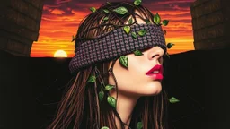 Abstract Art, Collage, Thomas Ligotti, Mannequin World, In Space They Can't Hear You Scream, Dave McKean, Inspired by Zdzislaw Beksinski's Nightmarish Paintings, Wassily Kandinsky, Double Exposure, Sunset, Gnostic Tragedy, Sinister, Woman, Long Hair, Made of Glitter Texture, Blush, Blindfolded, Vine Design, Surreal, Futuristic, Black Open Background, Peach Skin, Leafy Textures, Shiny Plastic, Organic Aesthetics, Rose Red Tint, Green Leaves, Alien Design, Mutant Structure, Red Mouth, Bizarre Aest