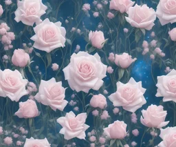 bue sky with stars, enlighten, soft smile, wonderful winter garden with pink roses flowers, majestic, art background, intricate, masterpiece, expert, insanely detailed, 8k resolution, intricate detail, soft smooth lighting, light pink blue colours