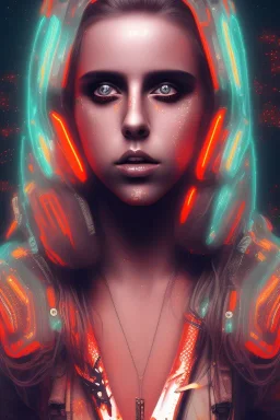 danish singer mø face, cyberpunk,orange tones,