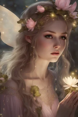 Blonde hair ,Pink dress,Sparkling fairy wings,Very long golden hair,Fairy crown,pointed ears,elven ears,fairy wings,water lilies,sparkling,glittering,flowers,blossoms,golden crown,light pink dress