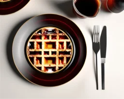 Round waffle maple syrup plate, plaid napkin fork