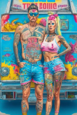 Artwork Entitled "Homo Consumerist" featuring a Trailer Park God And Goddess Covered In Brand Tattoos With Giant Logos All Over Their Clothes; Pop Art; Renaissance Trailer Trash Painting; Insanely Detailed; award-winning; portfolio piece