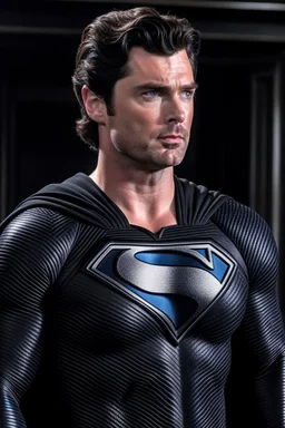 tom welling in a black superman suit from the movie zack snyders cut justice league