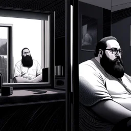 comicbook, 2 panels, black and white, in the left panel, a fat, bearded man watches the tv, (in the right panel, intricate illustration of a side angle view of the tv), background is a haunting dimly lit, decrepit room.