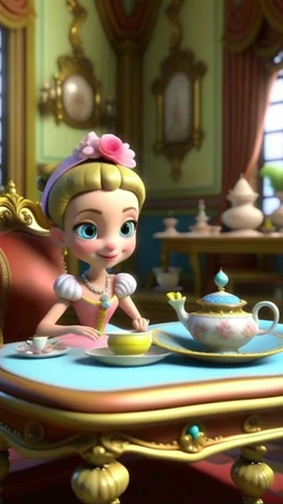 Princess Penelope's desire to host a magical tea party, cartoon,3D