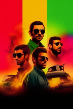 A poster of an arab movie, featuring a lot of arabs with sunglases, explosions, cars. The movie poster is in the style of indiana jones. Theres is a big title, rainbow colors. Takistan life, alpacino.