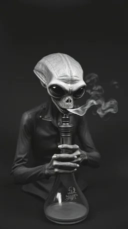 Get An old picture style of black and white mono very bad quality looks very old camera picture of an alien smoking from a hookah , all white background , year 1900