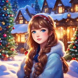 Beautiful Christmas anime girl with shiny light brown hair, lovely sparkling blue eyes, surrounded by Christmas trees and other festive decorations, cute cottages, twinkling lights, snow landscape, sunset light, digital painting, vivid colors