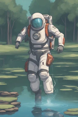 [scifi] A man in jetpack around a pond