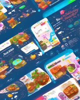 a food delivery web landing page design with burst of colors and illustrations, hyper realism, hyper details. sharp