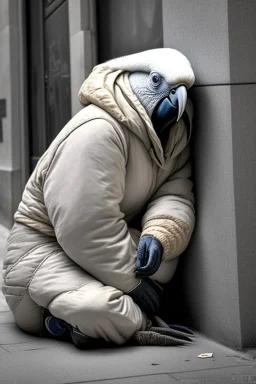 One single mature homeless cockatoo with worn out clothes, sleeping in a corner on the street, Vienna, mourning, model style, hyper realistic, extremely accurate, delicate, extremely detailed, mango style, wide-angle, open aperture, superfine pencil