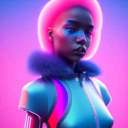 black woman teenager, few freckles, padded coat, retro futuristic, latex dress, gradient color, BLUE, PINK, CYAN, neon, insanely detailed, 16k resolution, perfect eyes, cinematic smooth, intricate detail