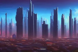 City near trees, sci-fi, retrowave 80's oil painting