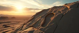 Scene: A wide desolate rocky landscape Action: One enormous imprint in the stone from a foot Lighting: Sunset or moonlight casting long shadows Caption placement: Floating above the scene or carved into stone