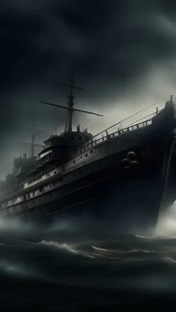 ,surrealism of the dark of a nightmare , hyper photorealistic, hyper detailed dark art color, high resolution, fog, octane render, tilt shift, HDRI Environment, all pictures dark gray, a torpedo hitting a ship