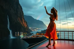A modern city at the foot of the mountain. The entrance valley with a waterfall from a high rock.and huge sea with a very big ship in it, A beautiful lady dancer showing her performance in a poen stage on deck of ship in a top and midi skirt. at night ,dynamic color turnning lights