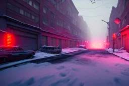 Michigan , streets of detroit, slums, snow, winter , run down, residental homes , night time, destroyed buildings , unity, scriptable render pipeline , red tone , volumetric , blue emission , faded fog , lighting.