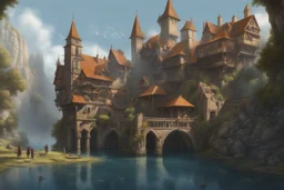 medieval buildings with balconies overhanging lake edge with blue sky and people, photorealism, fantastical, intricate detail, splash screen, concept art