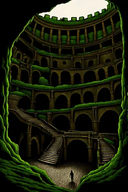 a toxic, Gothic underground city with a big Colosseum in the middle. rigid, criminal, poor, underground, dark, green. like a criminal underground city, In a cave, bellow earth