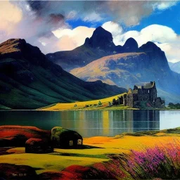 Drawing of 'Castle,mountain,lake,cloudy,scotland'painting by Earl Norem, simon Bisley,frazetta,西嘛哒, evan lee, Vallejo,kelly,Paul Gauguin oil on canvas, cinematic composition, extreme detail,fit full head inside picture,8k