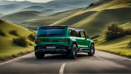 Cross between bugatti and a G-wagon, rear view, on a road of green hills in morning