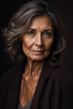 Portrait of a 60 year old Olive skinned woman, dark hair with hints of grey