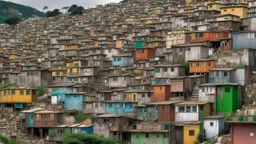 Urban landscape of a densely populated favela, featuring tightly packed multi-story buildings made of concrete, brick, and colored glass, with various makeshift extensions and corrugated iron roofs. The structures are painted in muted shades of gray and brown, with occasional pops of color, reflecting highly eclectic building styles. The background reveals a sprawling hillside covered with similar buildings, creating a sense of depth and scale.