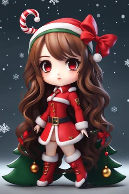 full body chibi woman with long brown hair, red eyes, bad girl vibe, Christmas theme, intricately detailed, masterpiece, anime chibi doll, 4k