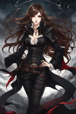 An arrogant looking young woman with pale skin and long brown hair in a stormy dark fantasy setting with intricate details. She is smirking, wearing black and read leather, has red eyes, an air of malevolent power surrounds her. Anime style. High definition.