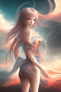 A striking beautiful anime lady coming out of an abstract background of stormy wind and fire sky