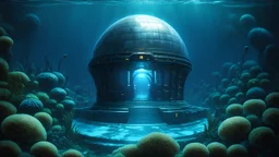 A stunningly realistic and atmospheric concept art of a futuristic deep underwater domed colony. Set in a vast ocean, the colony is surrounded by bioluminescent flora and fauna, creating a surreal and ethereal ambiance. The domed structure itself is intricately detailed, with a blend of organic and metallic elements, reflecting the advanced technology of the civilization. The matte painting creates a cinematic feel, with a focus on the realistic rendering and hyper-realistic details.