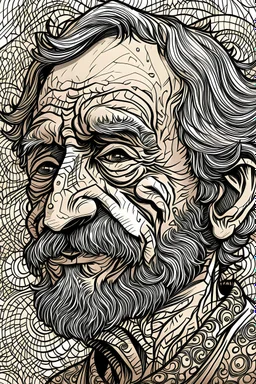 a half of body, pen drawing of a man,65 years old, BLACK eyes,little smile from under forehead, fantasy, detailed, mate colour background ,ebesiyasku