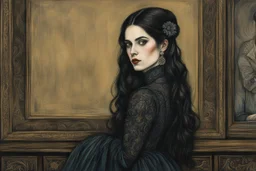 create a 3/4 profile, full body oil pastel of a dark haired, savage, ornately dressed, gothpunk vampire girl with highly detailed , sharply defined hair and facial features , in a smokey 19th century drawing room in the Pre-Raphaelite style of JOHN WILLIAM WATERHOUSE