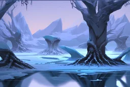 Ice blocks near one tree, night, lagoon reflection, sci-fi, epic,