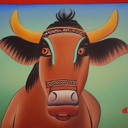 cow with hands and wings in Indian painting style